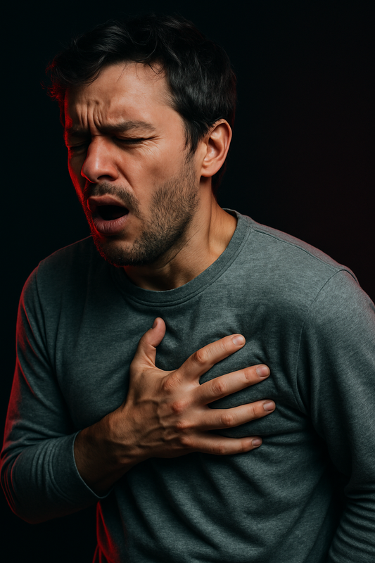 Hombre sintiendo fuerte opresión en el pecho y dolor, síntoma físico de la ansiedad.